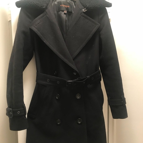 Coach Belted Wool Trench Coat With Shearling Collar - Picture 2 of 4